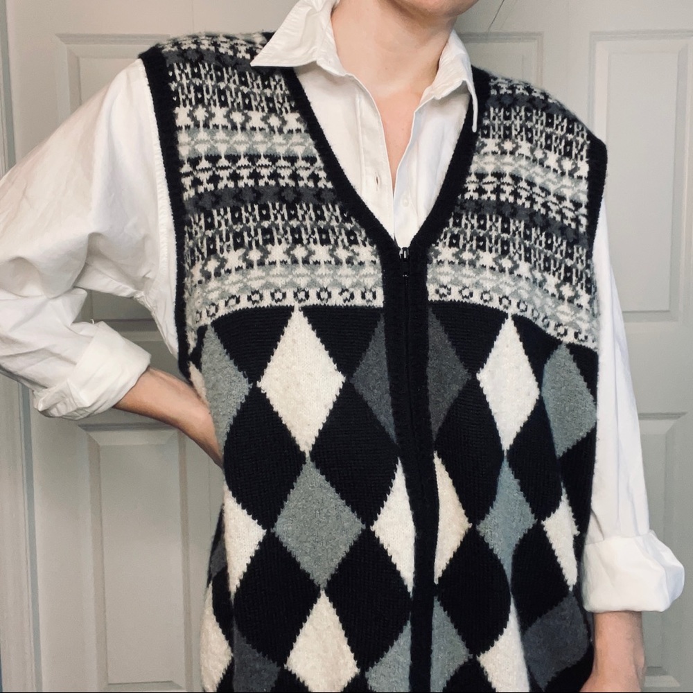 VTG 90s Argyle Zip Sweater Vest Black White Gray Koret Size 1X